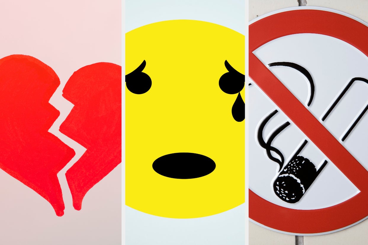Three split photos: a red paper broken heart, a sad crying face, and a no smoking sign