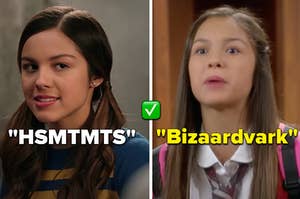 Olivia Rodrigo is on the left labeled, "HSMTMTS" and on the right labeled, "Bizaardvark"