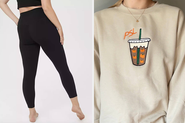 to the left: black leggings, to the right: a tan sweater with a pumpkin spice latte on it