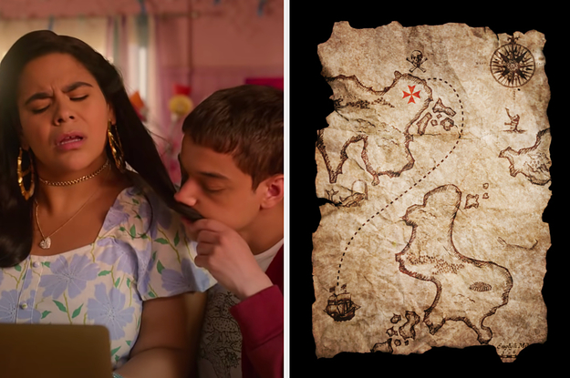 Ruby is sniffing Jasmine's hair on the left with a treasure map on the right