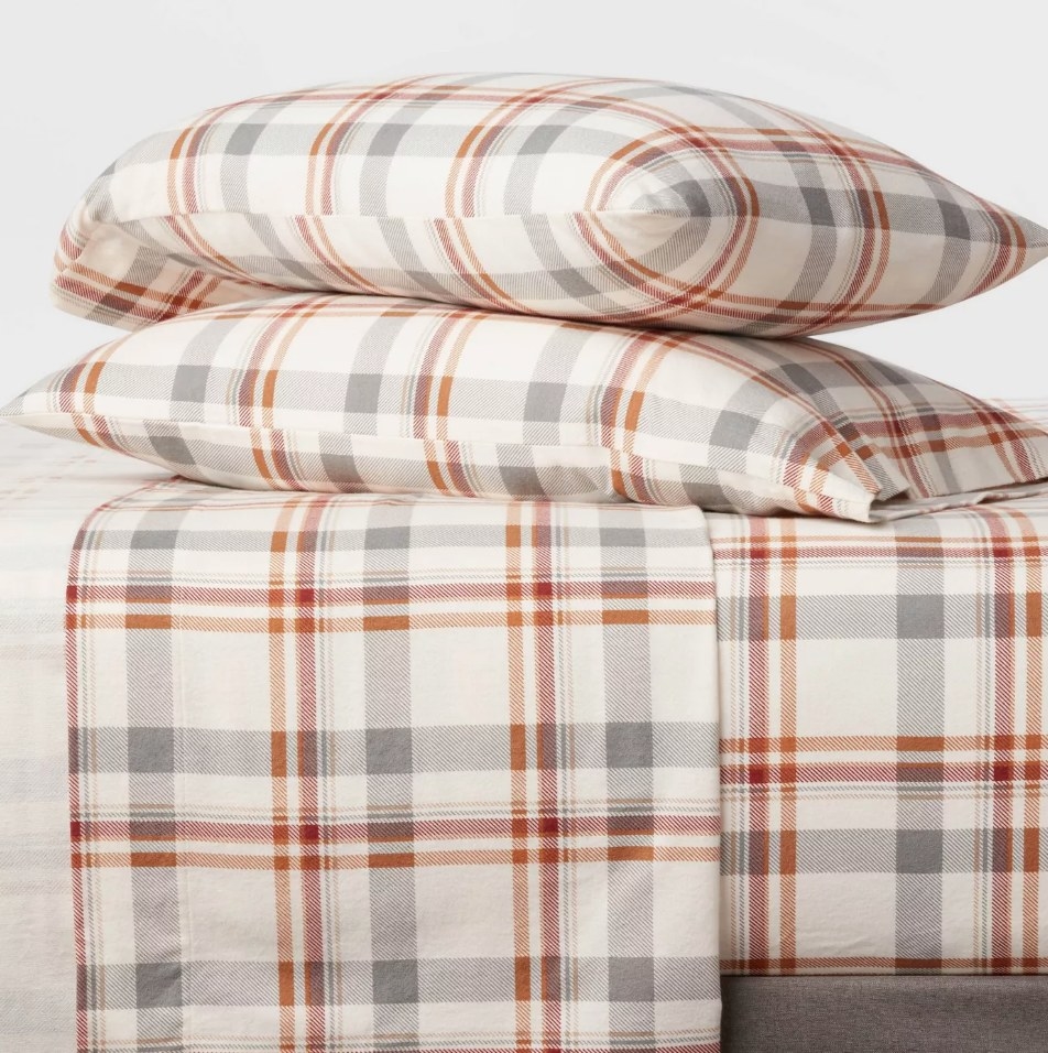 Orange, red, gray and white flannel sheets