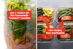 instant noodles in a mason jar with text: "use a mason jar for homemade "instant" noodles; salmon meal prep in containers with text: "one recipe, two marinades"