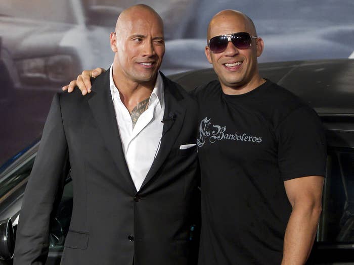 Vin and Dwayne pose together at a premiere.