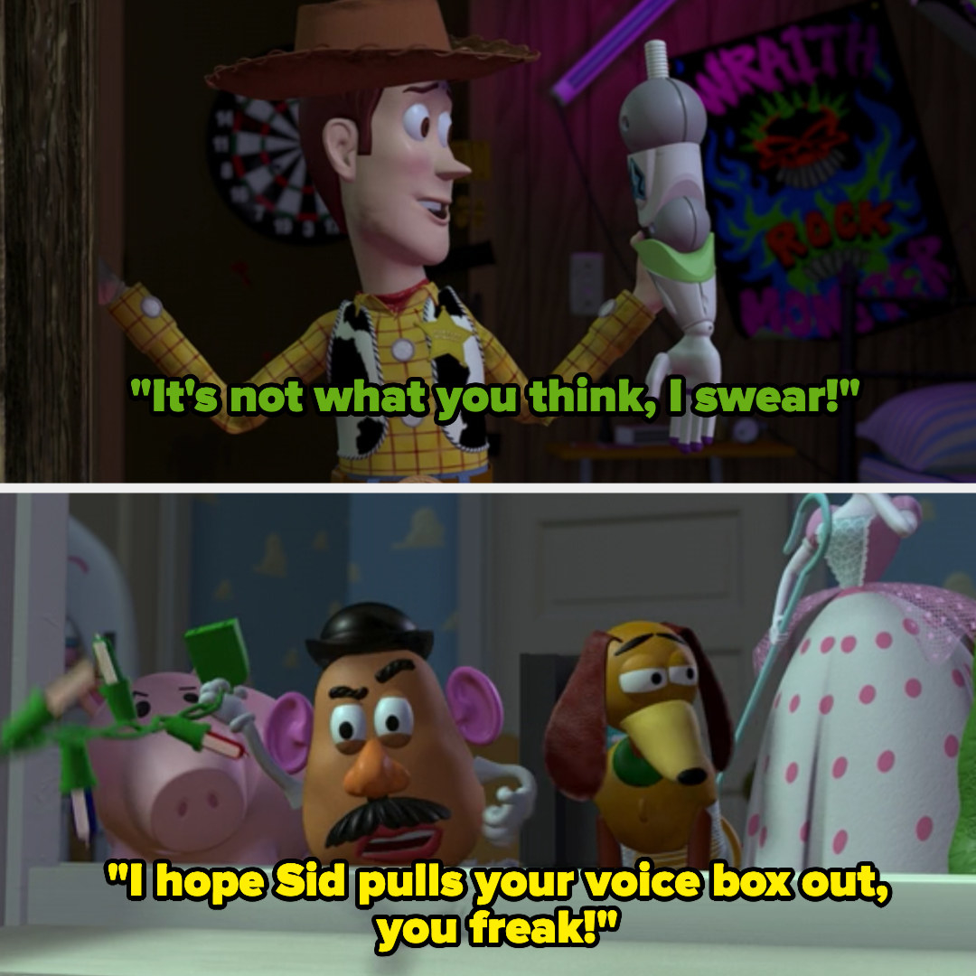 Mr. Potato Head telling Woody &quot;I hope Sid pulls your voice box out, you freak!&quot;