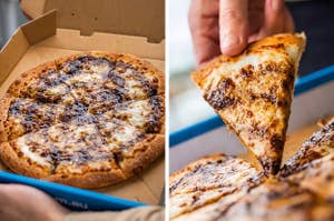 Left: Vegemite pizza in a Domino's box; Right: A hand holding a slice of Vegemite pizza
