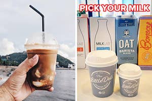Left: A hand holding a cup of iced coffee; Right: Various alternative milk cartons on a table in front of takeaway coffee cups