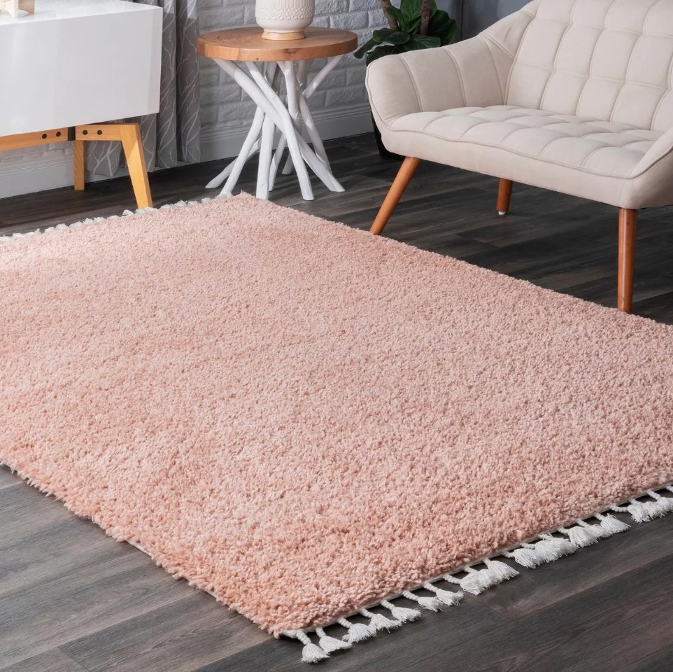 Pink shag rug with white tassles