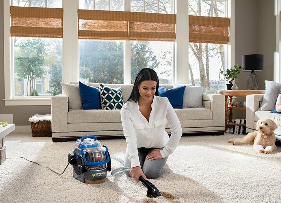 model holding  portable vacuum with a dog and child sitting nearby