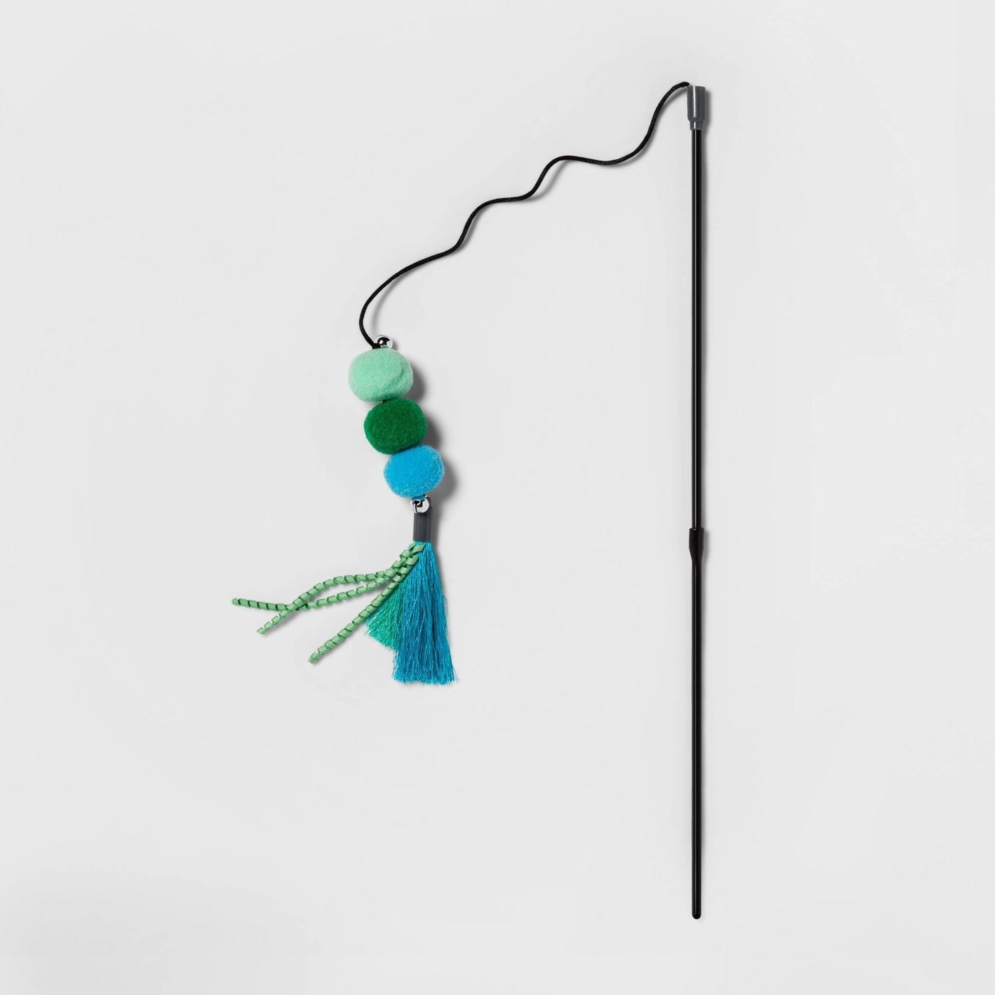 blue and green tassel wand cat toy