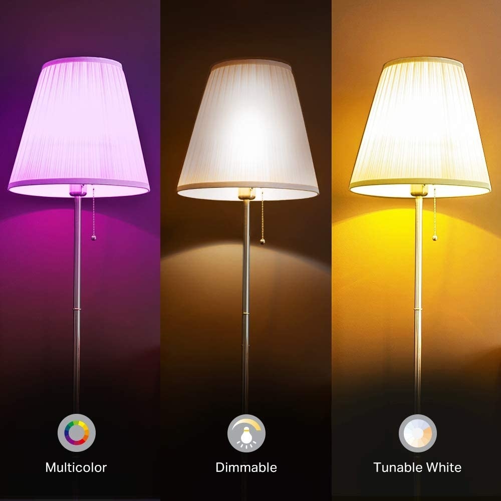A lamp with a smart bulb showing multicolour, dimmable, and turntable white functions