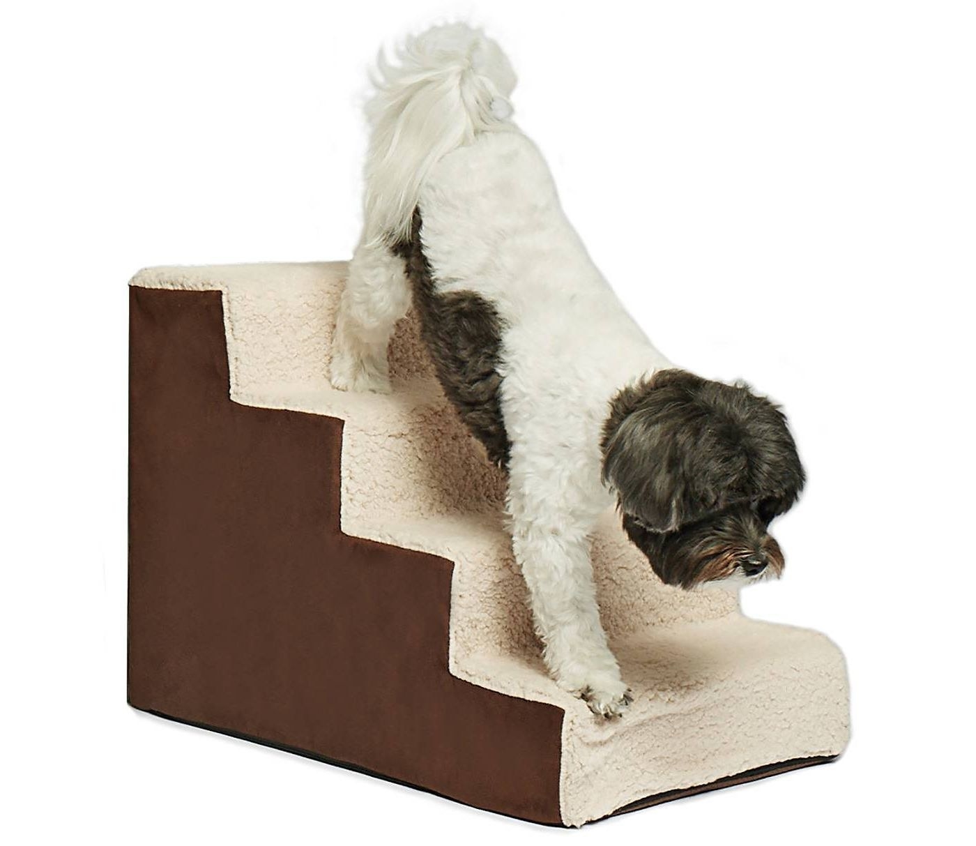 brown and sherpa pet stairs with a small dog walking down it