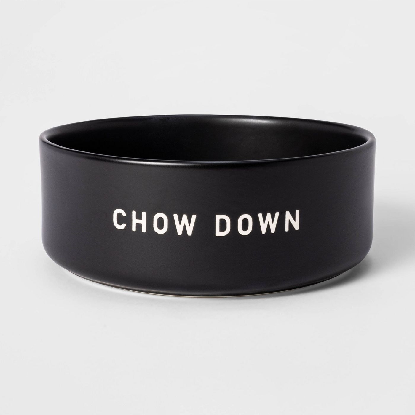 black dog bowl with &quot;chow down&quot; on the front