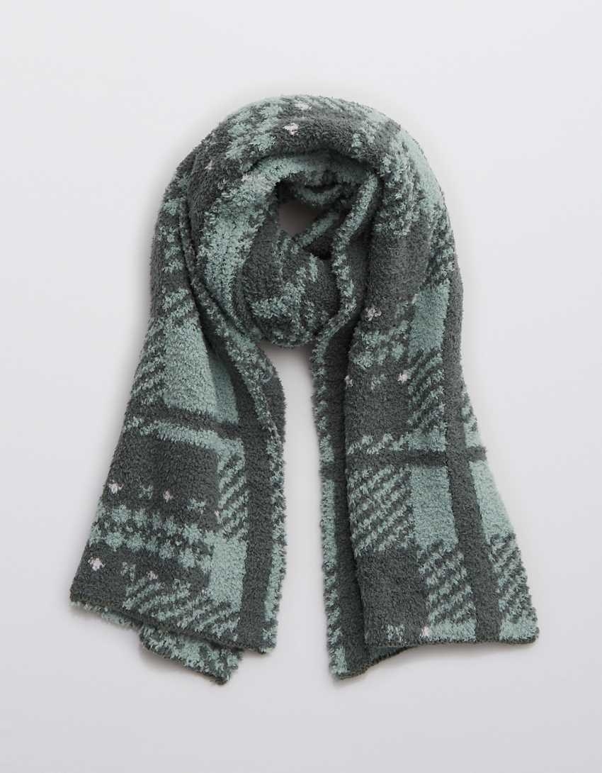 the scarf in with blue and gray plaid patterning