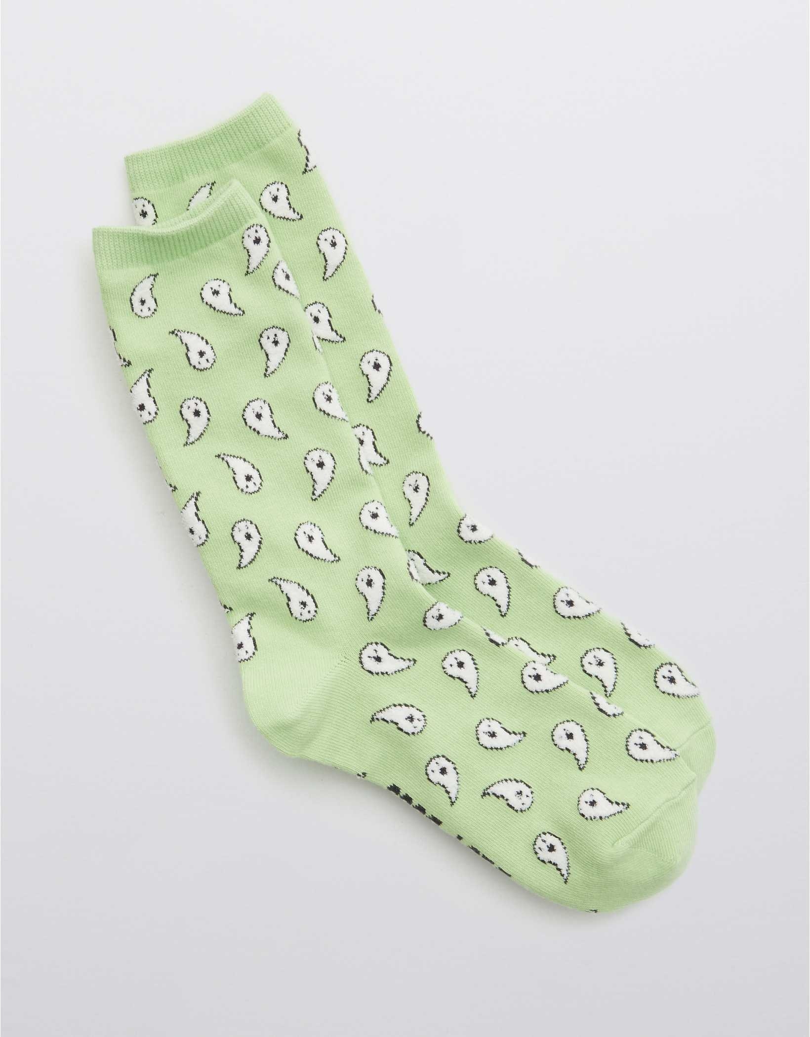 the mint green socks with white ghosts on them