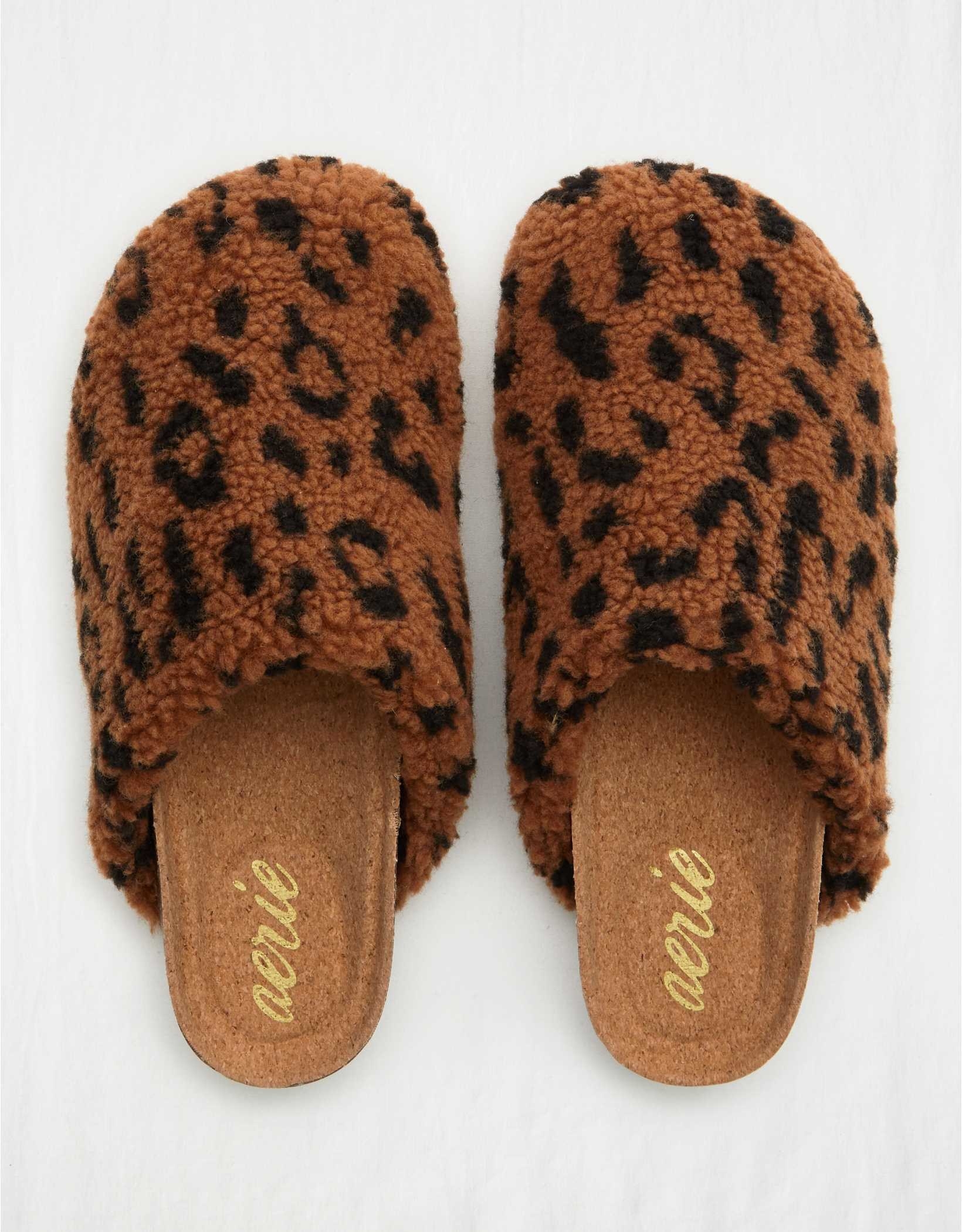 the clogs with cork insides and sherpa leopard print tops