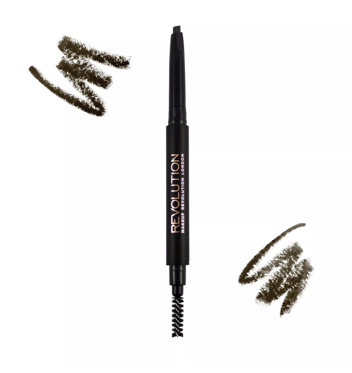 The black brow pencil says &quot;REVOLUTION&quot; in shiny lettering and has one pencil side and a brush side