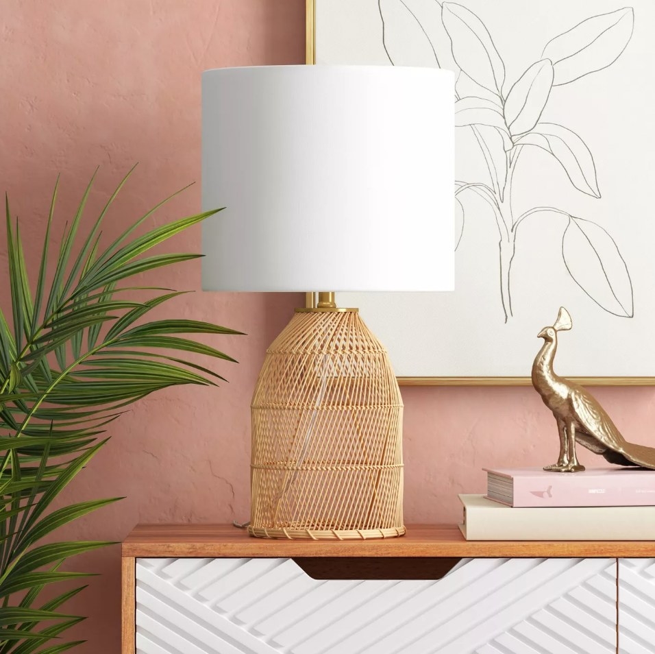 Rattan weave lamp base with white shade