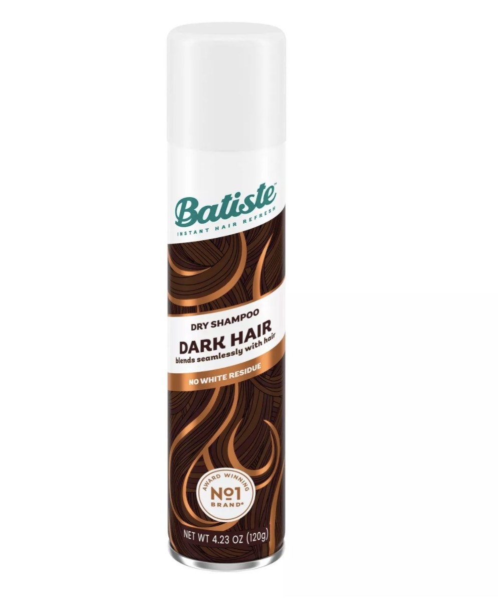 The bottle has dark and gold strands of hair and says &quot;BATISTE&quot; and &quot;DRY SHAMPOO DARK HAIR&quot;