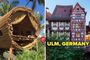 a circular tree house on the left and ulm germany on the right