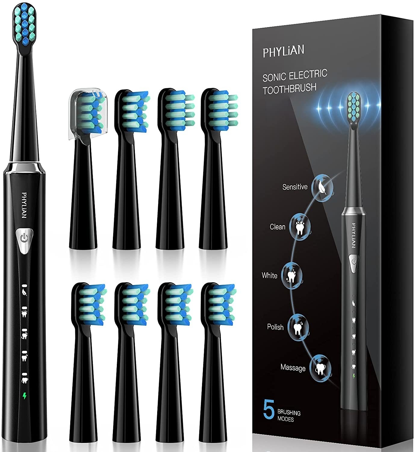 The electric toothbrush in black and the eight toothbrush heads