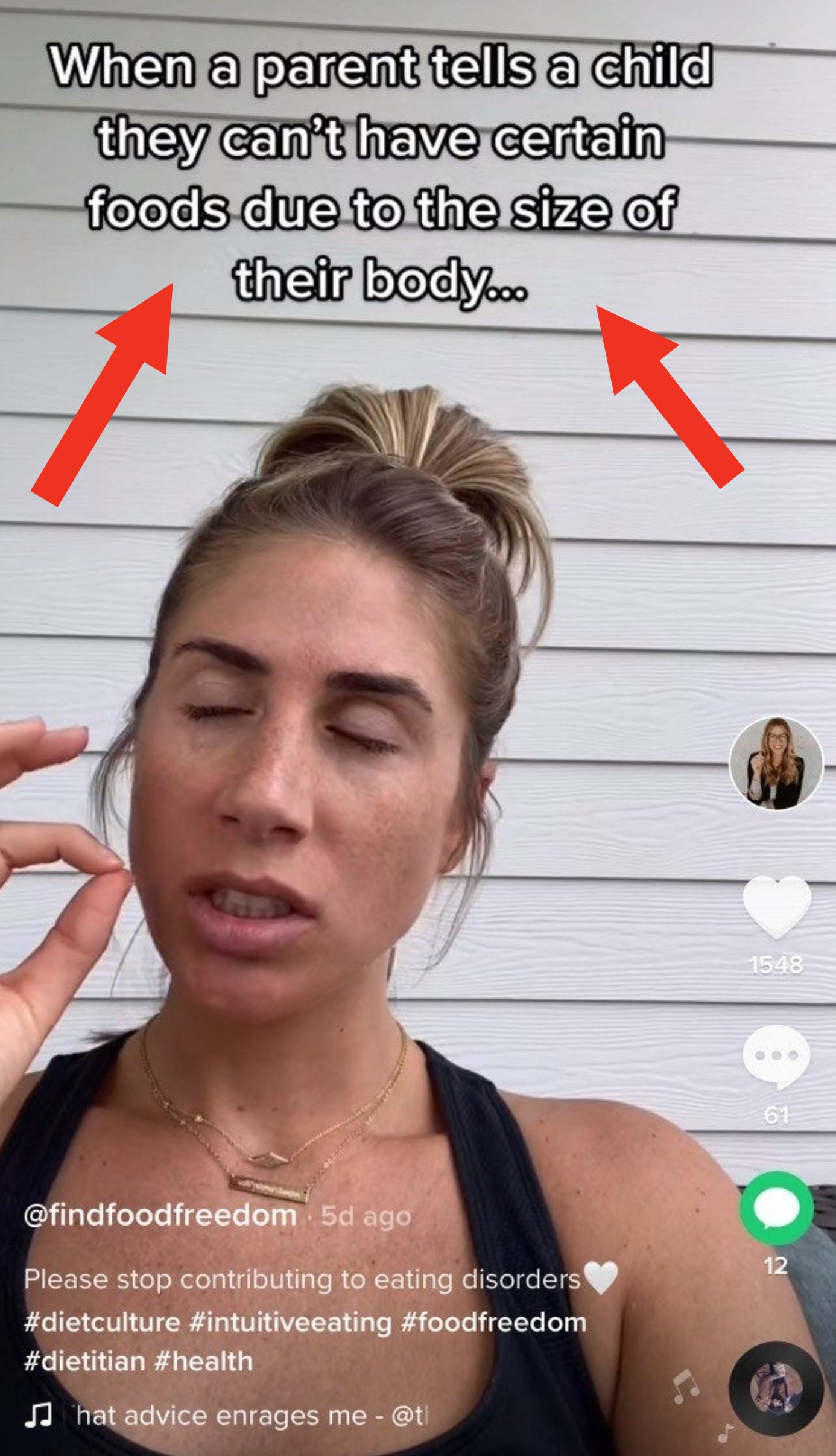 Screenshot of TikTok by Sam where she looks frustrated, with text: &quot;when a parent tells a child they can&#x27;t have certain foods due to the size of their body&quot;