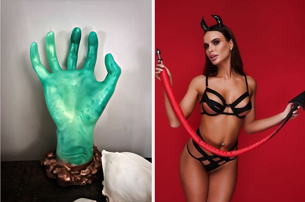 Green zombie hand dildo and model holding red devil tail with attached butt plug
