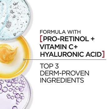 Ingredient graphic of pro-retinol, vitamin C, and hyaluronic acid