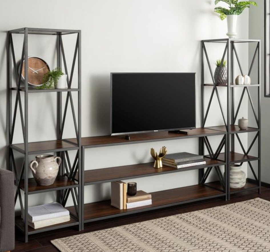 A 3-pc, dark walnut entertainment center with 13 shelves