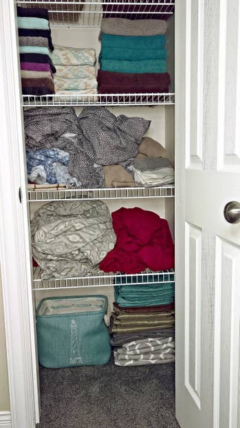 before image showing a messy linen closet