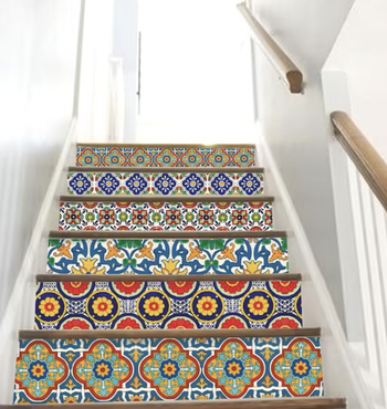 The stair decals are shown installed on a staircase