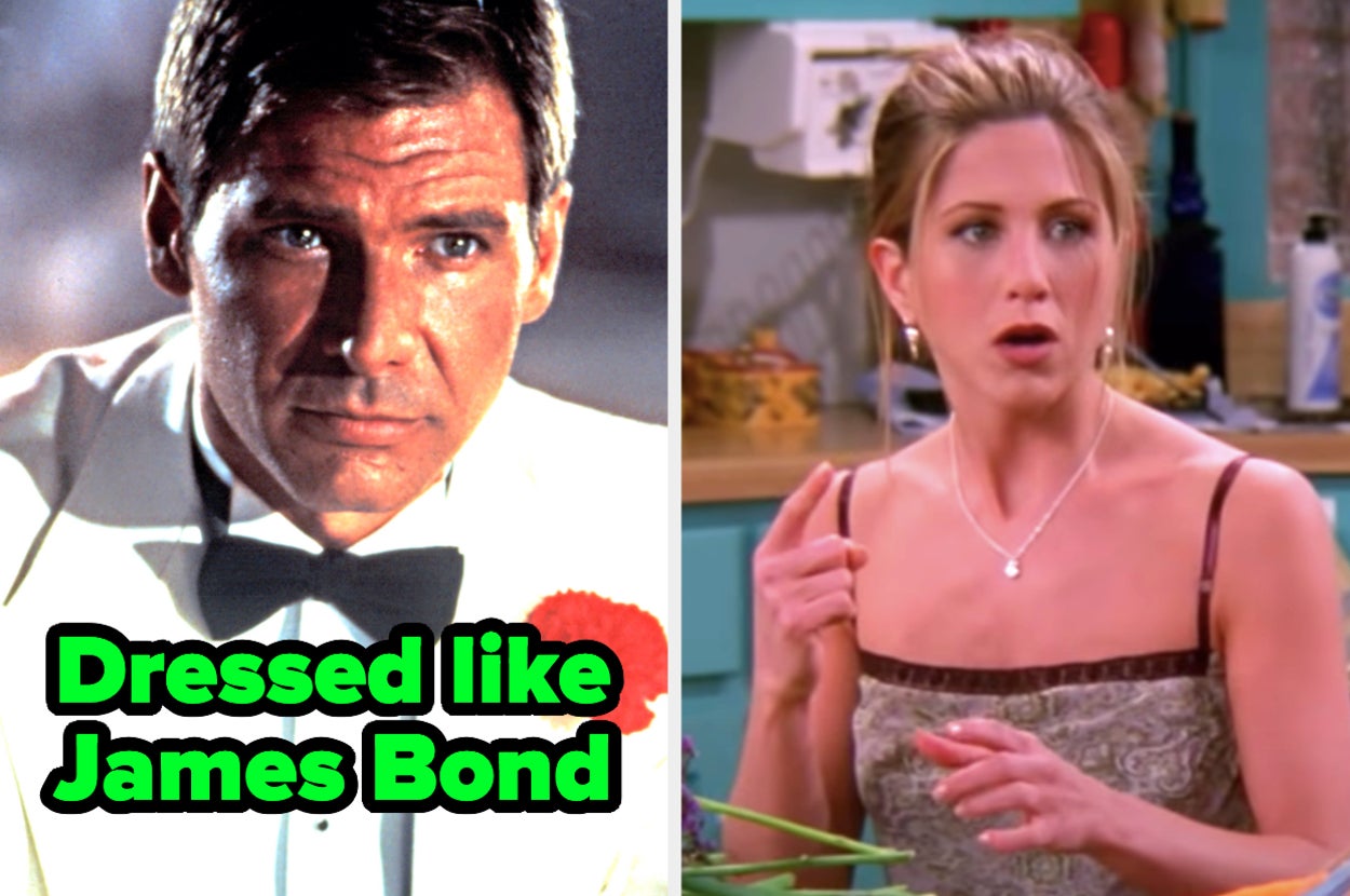 Indiana Jones is dressed like James Bond and a woman gasping in response
