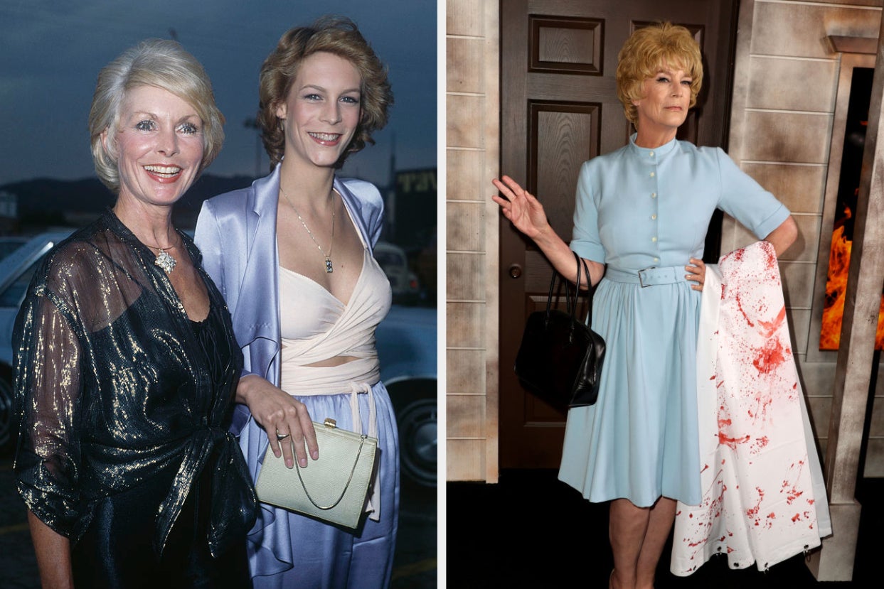 Jamie Lee Curtis and her mother, Janet Leigh, side by side with Jamie Lee dressed as her mother's character in "Psycho"