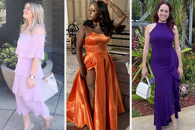 L: reviewer wearing pink-purple tiered chiffon off-the-shoulder dress M: reviewer wearing orange satin ballgown with leg slit R: reviewer wearing halter neck purple dress with side ruffles
