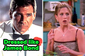 Indiana Jones is dressed like James Bond and a woman gasping in response