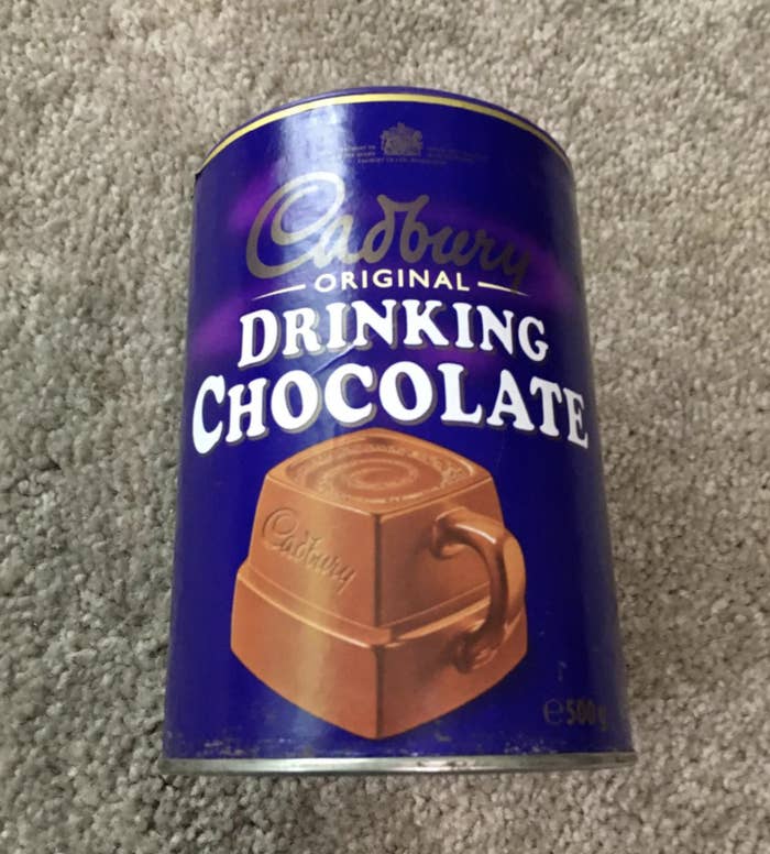 A customer review photo of the canister of Cadbury drinking chocolate