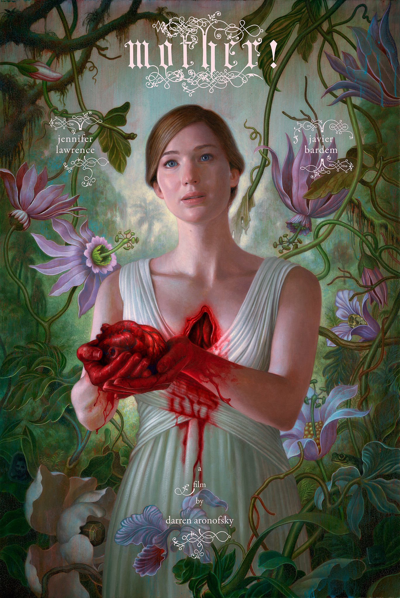 the poster for mother! with J. Law holding her own heart in her hands