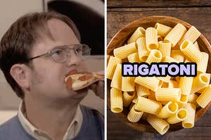 On the left, Dwight from The Office eating a slice of pepperoni pizza, and on the right, some rigatoni in a bowl