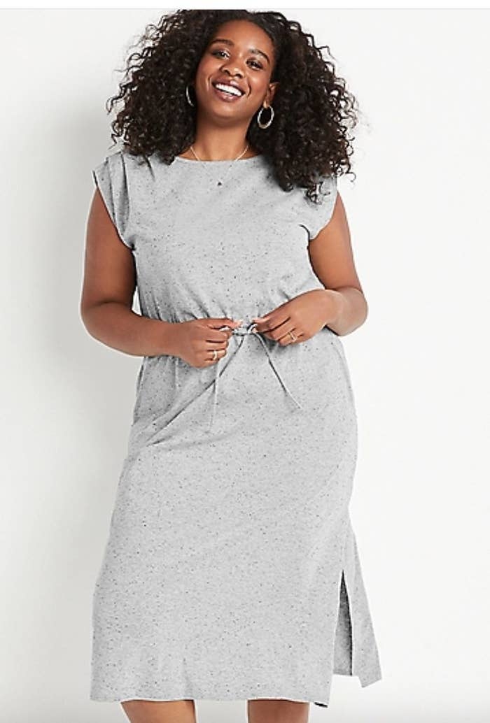 Model wearing gray midi dress