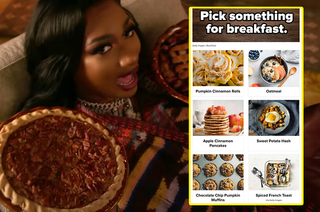 Megan Thee Stallion with pies, and a sample question asking to pick something for breakfast