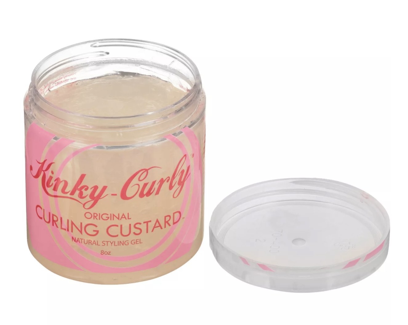 The clear container is filled with a  yellow-tinted custard and has a pink and red design that says &quot;KIKY-CURLY&quot; in a script font