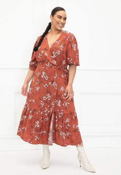 A wrap dress with puff sleeves