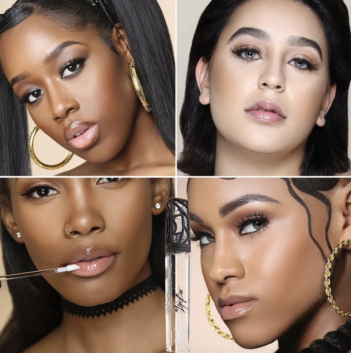 There are four adults who are all wearing the gloss and a clear tube that says &quot;The Lip Bar&quot; with a black intricate lid in the middle