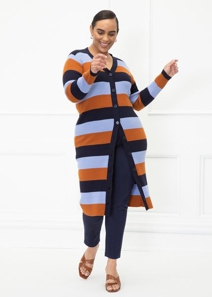 A striped cardigan sweater dress