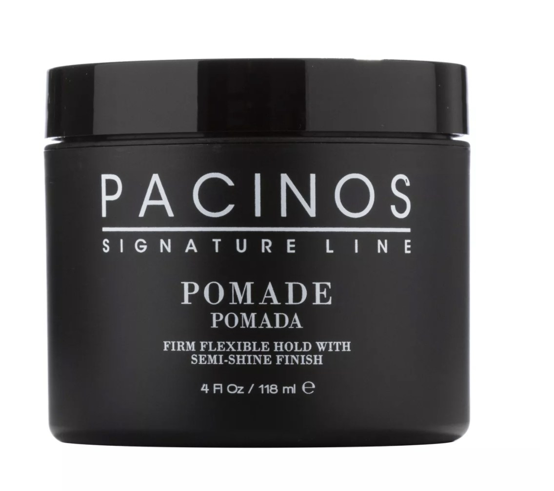 The black container says &quot;PACINOS SIGNATURE LINE POMADE&quot; in white font