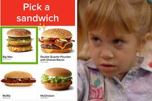 mcdonald's sandwiches on the left and michelle tanner on the right