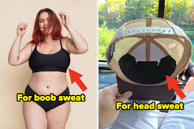 L: a model wearing a matching bra and underwear set and text reading "for boob sweat" with an arrow pointing to the bra, R: a reviewer photo of a sweat liner in a baseball cap and text reading "for head sweat" with an arrow pointing to the liner