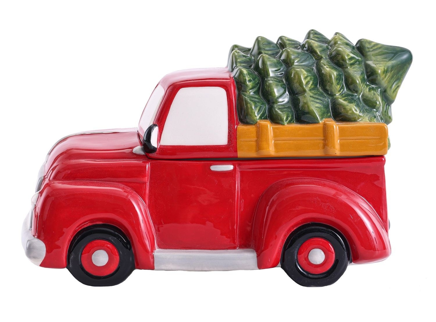 truck with christmas tree in the trunk cookie jar