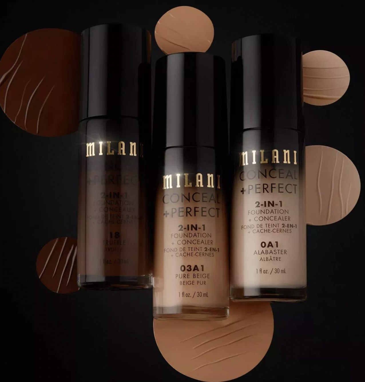 A set of three foundation and concealer bottles in one