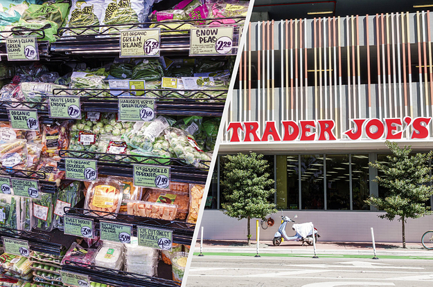 Trader Joe's storefront and an aisle of food
