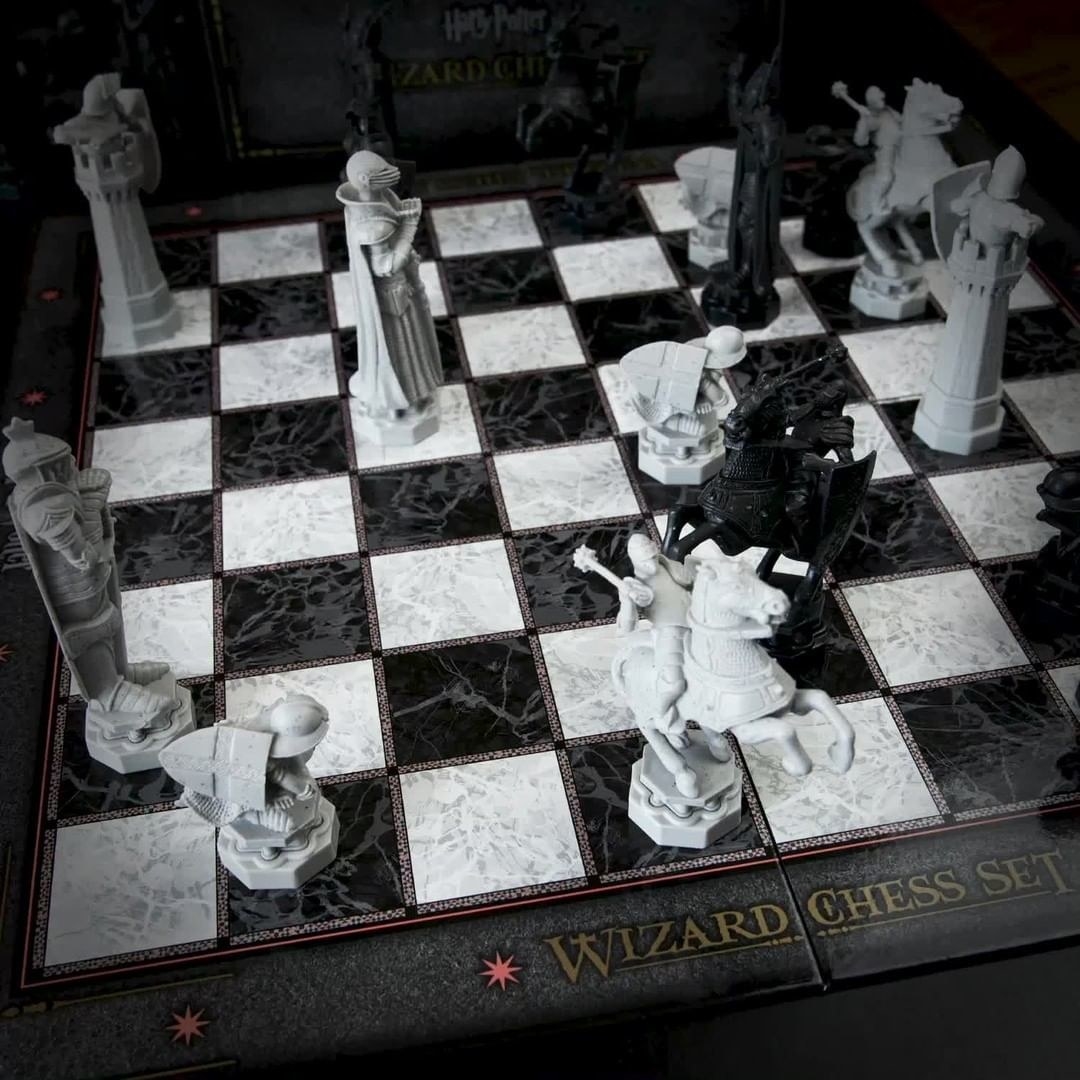 The chess set with several pieces moved around